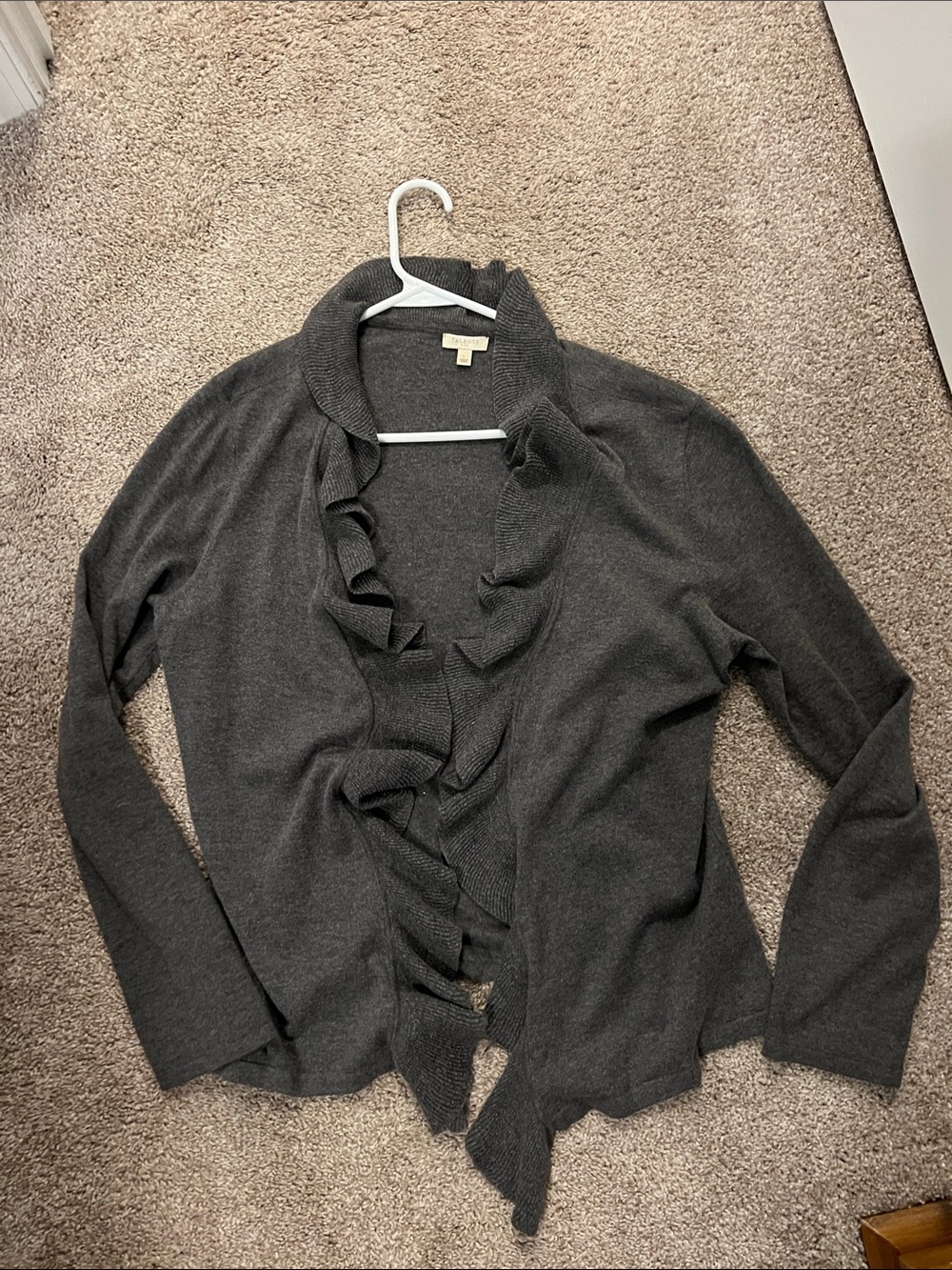 Talbots Dark Gray Ruffle-Front Open Cardigan